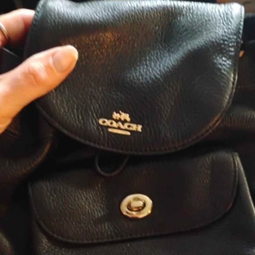 Coach Black Backpack with Pebbled Leather and Turnlock Closure